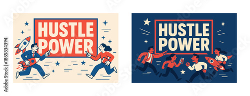Illustrated hustle power design featuring diverse people with rockets