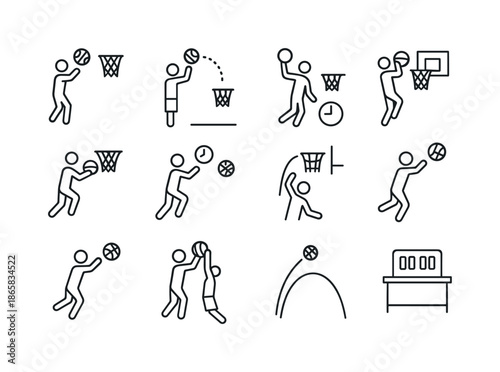 Basketball Scoring Icons. Basketball scoring concepts. Line icon set of Basketball scoring concepts: two-point shot, three-point shot, free throw, dunk score,