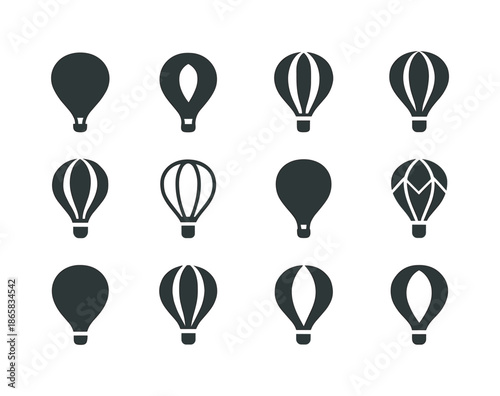 Hot Air Balloon Logos. hot air balloons. Icon set. Set Logo of hot air balloons: balloon with hanging basket. harmonious logo variations of the same emblematic