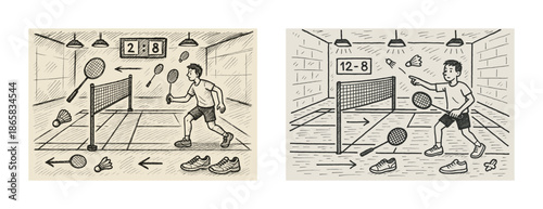 Hand-drawn illustration of two men playing badminton indoors with scoreboards