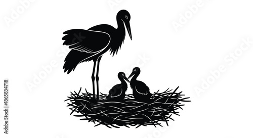a striking depiction of a stork family in a nest showcasing a beautiful black silhouette