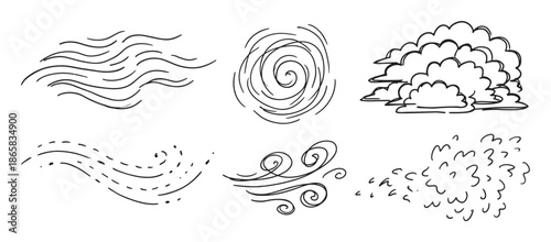 Hand-drawn wind and cloud doodle icons set showing various weather phenomena like breeze, gust, swirl, and cumulus clouds in a simple black and white sketch style