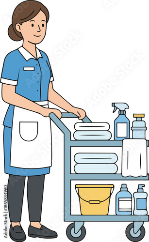 Female Housekeeper Pushing a Service Cart with Cleaning Supplies