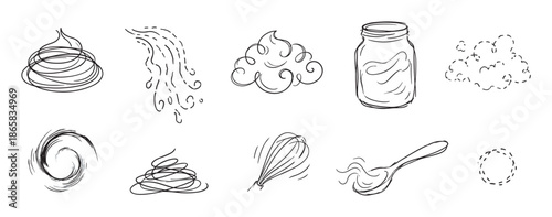 Set of hand drawn cooking doodles featuring whipped cream, a jar, a whisk, and a spoon in a minimalist black and white line art illustration style for culinary concepts