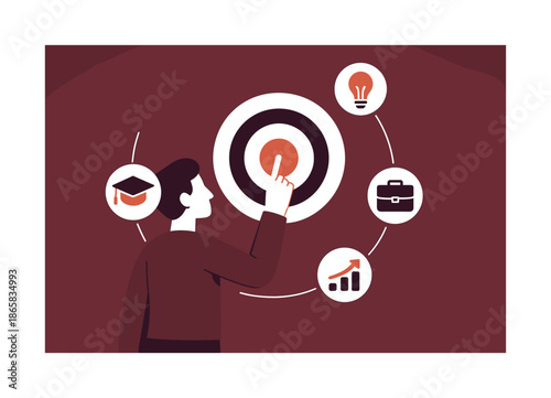 Goal Visualization Scene. Goal visualization. Person outlining a bright target circle in the air; floating icons of ambitions orbiting. Clean arcs expressing