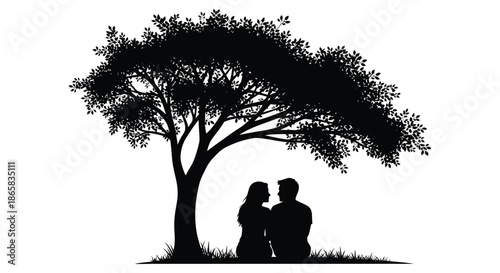 a romantic scene featuring a couple sitting beneath a large tree with a bright moon silhouette