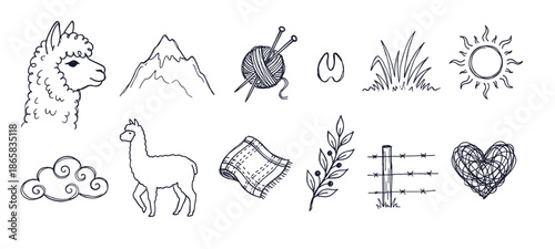 Set of hand-drawn doodle icons featuring a cute alpaca, mountains, knitting yarn, a sun, and other rustic nature elements in a charming black and white line art illustration