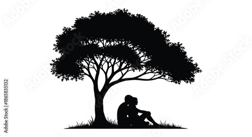a solitary figure rests beneath the sprawling branches of a lush tree depicted as a silhouette
