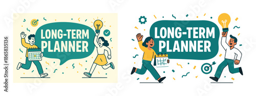 Illustration of diverse adults with calendar and ideas for long-term planning