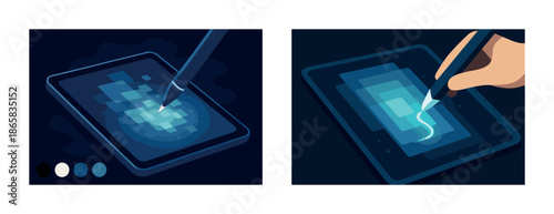 Digital art creation with stylus on tablet showing pixel and hand interaction