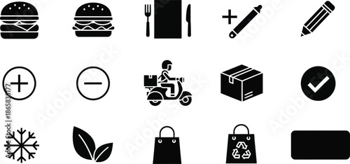 Sustainable supply chain icons, solid filled vector set of eco-friendly logistics, green transport truck, recycling symbols, factory, cycle, packaging, and environmental care illustrations