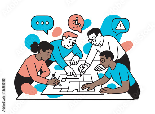 Collaborative Blueprint Design. Diverse stakeholder input. Multiple hands add to a shared blueprint with floating dialogue, accessibility, and safety symbols.