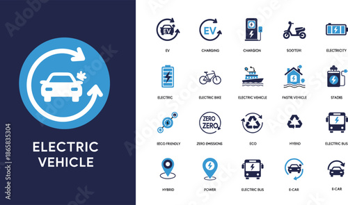 Comprehensive collection of blue electric vehicle icons featuring ev charging stations battery levels hybrid cars and sustainable eco friendly transportation symbols