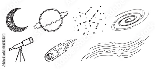Set of hand-drawn space and astronomy doodles featuring a crescent moon, planet, galaxy, telescope, and meteor in a simple black ink sketch style illustration