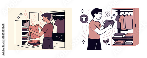 Young caucasian male organizing clothes in wardrobe with neatly folded garments