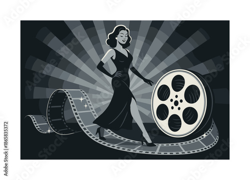 Film Reel Glamour. Film reel glamour. Model stepping over unspooled film strip; spark-like glints along the reel. Light rays fanning out dramatically. Modern