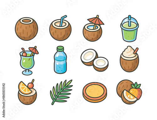 Colorful Coconut Icons. Coconut drink. Colorful isometric vector icons set of coconut drink: fresh coconut shell, coconut with straw, coconut with umbrella,