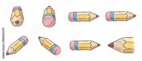 Set of eight hand-drawn yellow pencils with pink erasers and blue ferrules arranged in a charming, sketchy illustration style perfect for educational or creative concepts