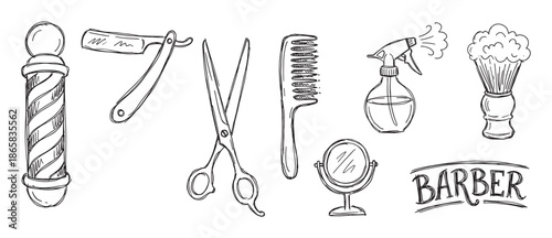 Hand-drawn barbershop tools and equipment collection featuring a pole, razor, scissors, comb, spray bottle, shaving brush, and mirror in a black and white sketch style