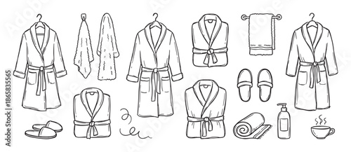 Hand-drawn doodle set of bathrobes, towels, and slippers for a spa or hotel, a black and white line art illustration collection with a cozy and relaxing theme