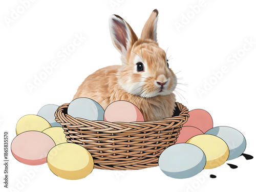 Easter sunday bunny in basket with colorful eggs isolated on transparent background