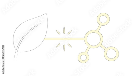 Leaf and Molecule Contrast. Natural vs synthetic. Leaf and molecule icons facing each other across a glowing line; spark shapes showing contrast and harmony.