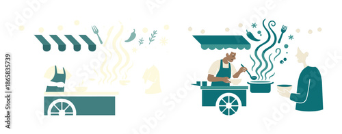 Street food vendor serving soup to customer at outdoor stall