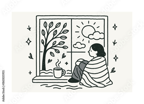 Cozy Window Vibes. Cozy window view. Hand-drawn doodle illustration Cozy window view window frame, seated figure, blanket, warm mug, tree outside, sun, clouds,
