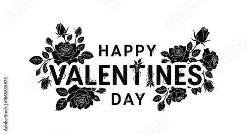 Floral arrangement with the text happy valentines day surrounded by roses a beautiful graphic silhouette