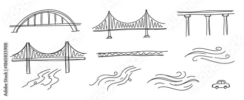 Hand-drawn doodle collection of various bridges, rivers, waves, and a small car, illustrated in a simple black line art sketch style for transportation or engineering concepts