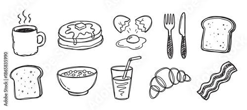 Hand-drawn breakfast food and drink doodles featuring coffee, pancakes, eggs, bacon, and toast in a charming black line art sketch collection for cafe or restaurant branding