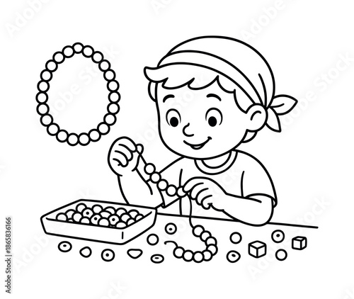 Beadwork Coloring Fun. Beadwork and jewelry children?s coloring book illustration, outlined drawing, artisan stringing simple beads to make a necklace,