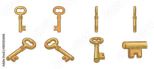 Old golden skeleton key illustrated from various angles including front, side, and isometric views in a charming, hand-drawn cartoon style with a textured, antique look