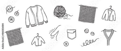 Hand-drawn set of knitting icons featuring a cozy cardigan, ball of yarn, knitting swatch, and buttons in a simple black and white line art sketch illustration