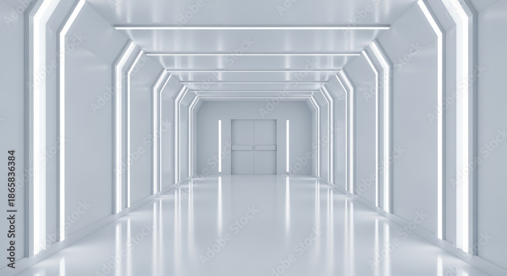 Fototapeta premium Futuristic White Corridor with LED Lights, Sci-Fi Hallway, Modern Architecture