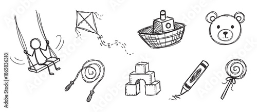 Set of hand drawn childhood icons featuring a stick figure on a swing, a kite, toy boat, teddy bear, and other playful objects in a simple black and white doodle style