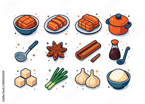 Braised Pork Icons. Braised pork. Colorful isometric vector icons set of Braised pork: braised pork belly in bowl, sliced pork on plate, simmering pot with
