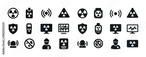 Radiation safety icons set: monitors, symbols, protective gear