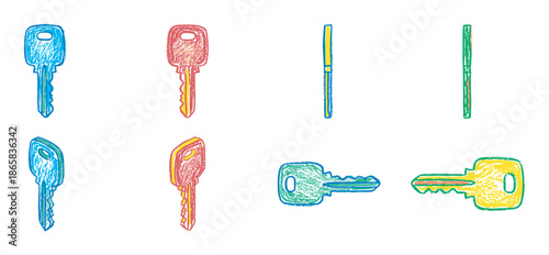 Set of eight colorful illustrated keys in a hand drawn, textured linocut style, showcasing different types and perspectives including front, side, and isometric views