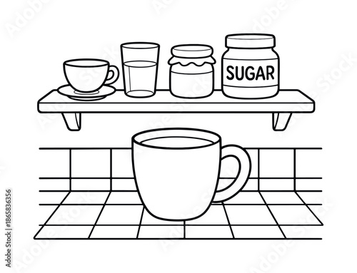 Kitchen Shelf Illustration. Kitchen shelf above counter children?s coloring book illustration, outlined drawing, cups and jars on a shelf over a coffee mug