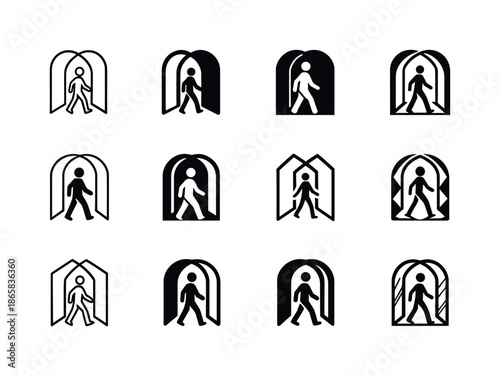 Maze of Mirrors Logos. wandering through a maze of mirrors. Icon set. Set Logo of wandering through a maze of mirrors: mirrored portal. harmonious logo