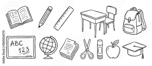 Hand-drawn school and education icons set featuring a book, pencil, desk, backpack, globe, and graduation cap in a simple black and white doodle sketch style for learning