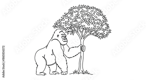 a curious gorilla appears to be carefully examining a small leafy tree with detailed branches silhouette