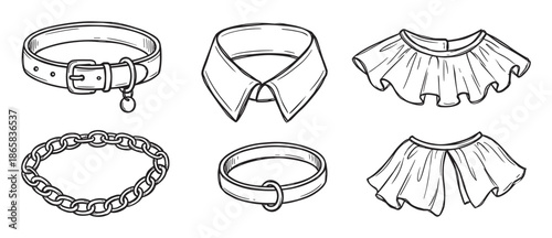 Set of hand-drawn collar illustrations in a sketch style, featuring various designs like a leather buckle choker, chain necklace, ring collar, shirt neckband, and ruffled jabot