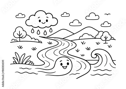 River Raindrop Adventure. Collection in rivers children?s coloring book illustration, outlined drawing, cartoon river collecting raindrops and flowing gently