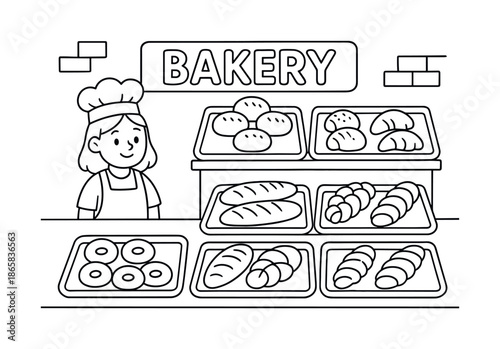 Bakery Coloring Page. Bakery scene children?s coloring book illustration, outlined drawing, simple bakery counter with stuffed breads on trays, educational