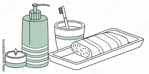 A simple line drawing depicts soap dispenser, toothbrush holder, candle, and wrapped object on a tray.