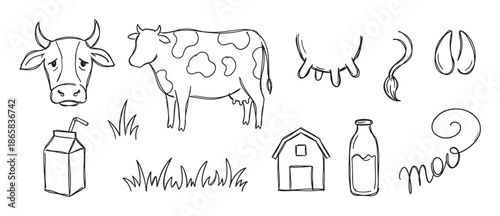 Collection of hand-drawn cow and dairy icons featuring a spotted farm animal, milk carton, barn, udder, and grass in a simple, charming line art style