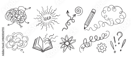 Set of hand-drawn sketch icons representing creative ideas, brainstorming, and problem-solving, featuring a tangled brain, pencil, book, gear, and thought bubbles in a doodle style