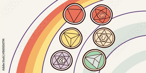 Seven colorful circular mystical symbols are displayed against a muted background with rainbow arcs.